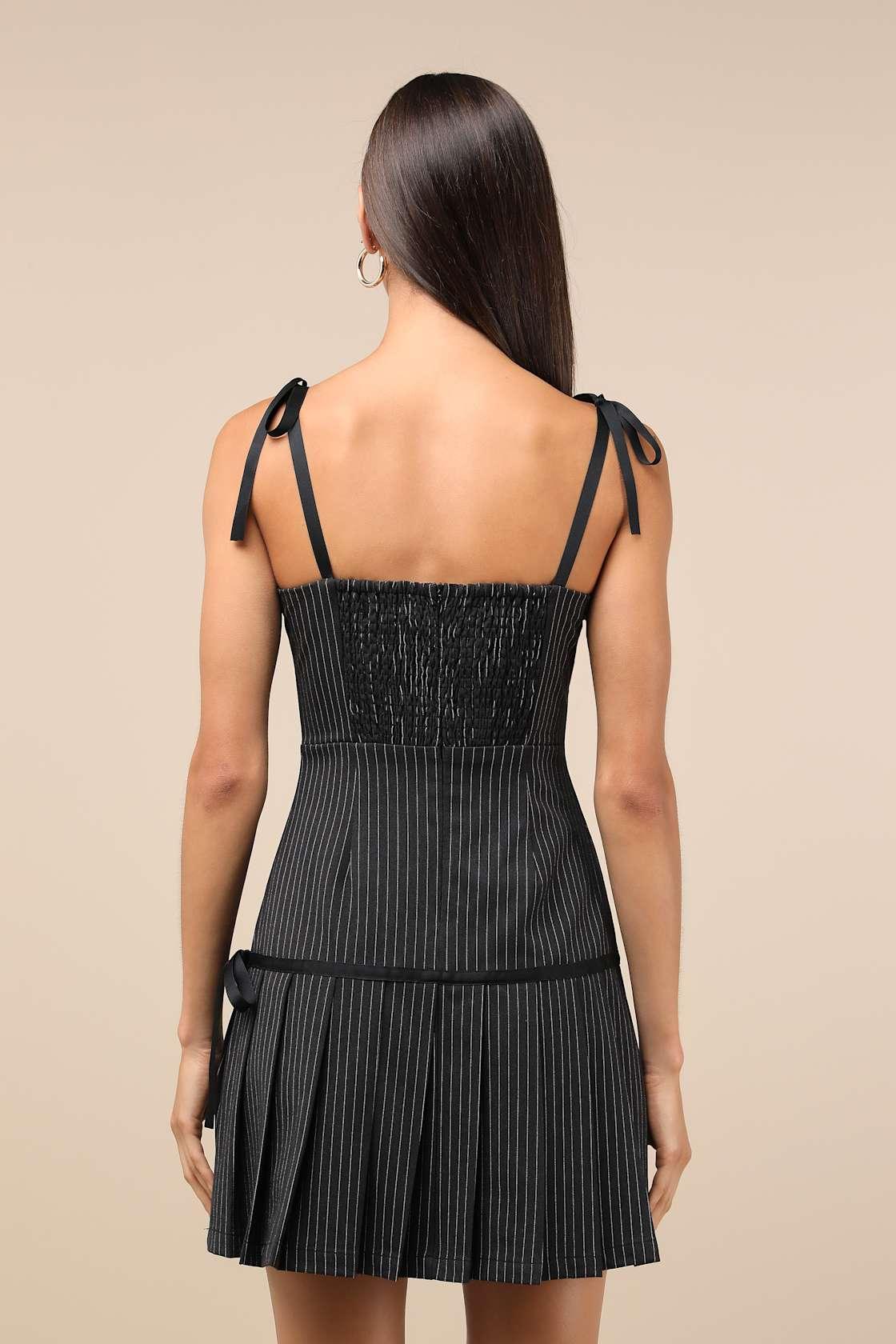 Posh Flirtation Black Pinstriped Tie-Strap Drop-Waist Mini Dress Product Image