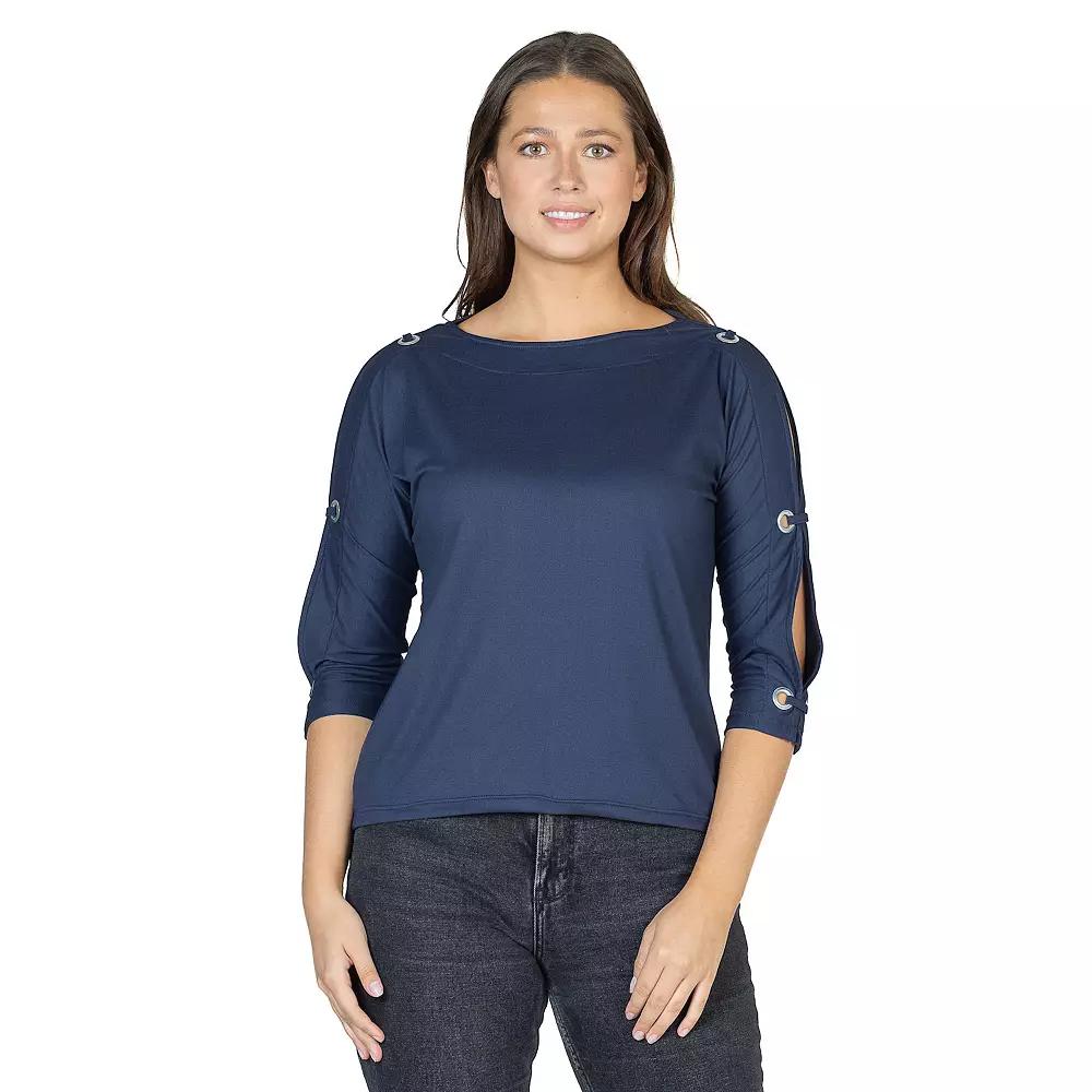 Women's 24Seven Comfort Apparel Three-Quarter Sleeve Boatneck Cold Shoulder Top,  Product Image