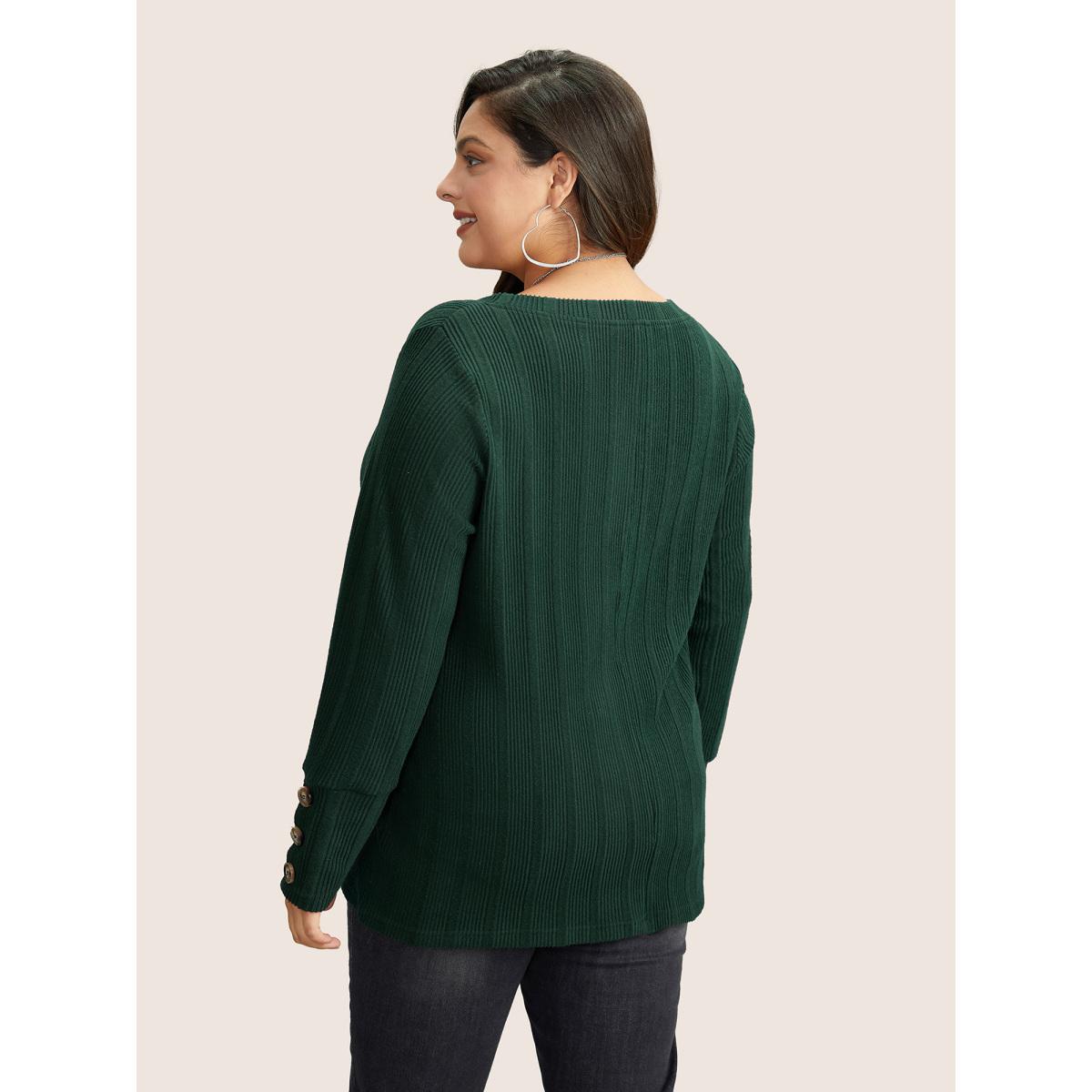 Plus Size Rib Knit V Neck Button Detail T-shirt Green Women Leisure Non Plain V-neck Casual T-shirts BloomChic 22-24/3X Product Image