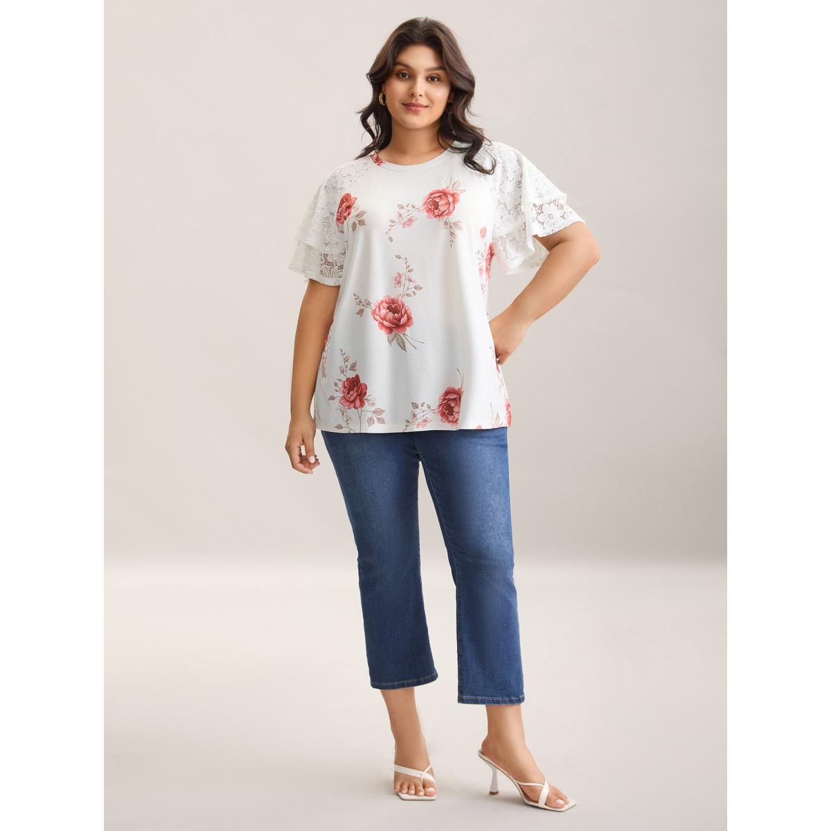 Plus Size Lace Sleeve Layered Floral T-Shirt WhiteSmoke Women Timeless Contrast Natural Flowers Round Neck Elegant T-shirts BloomChic 22-24/3X Product Image