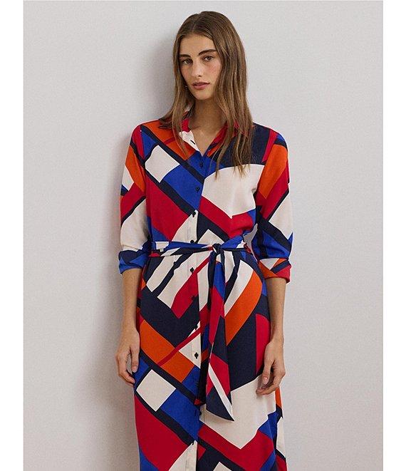 Lauren Ralph Lauren Crepe de Chine Printed Point Collar Long Sleeve Button-Front Self-Tie Waist Midi Shirtdress Product Image