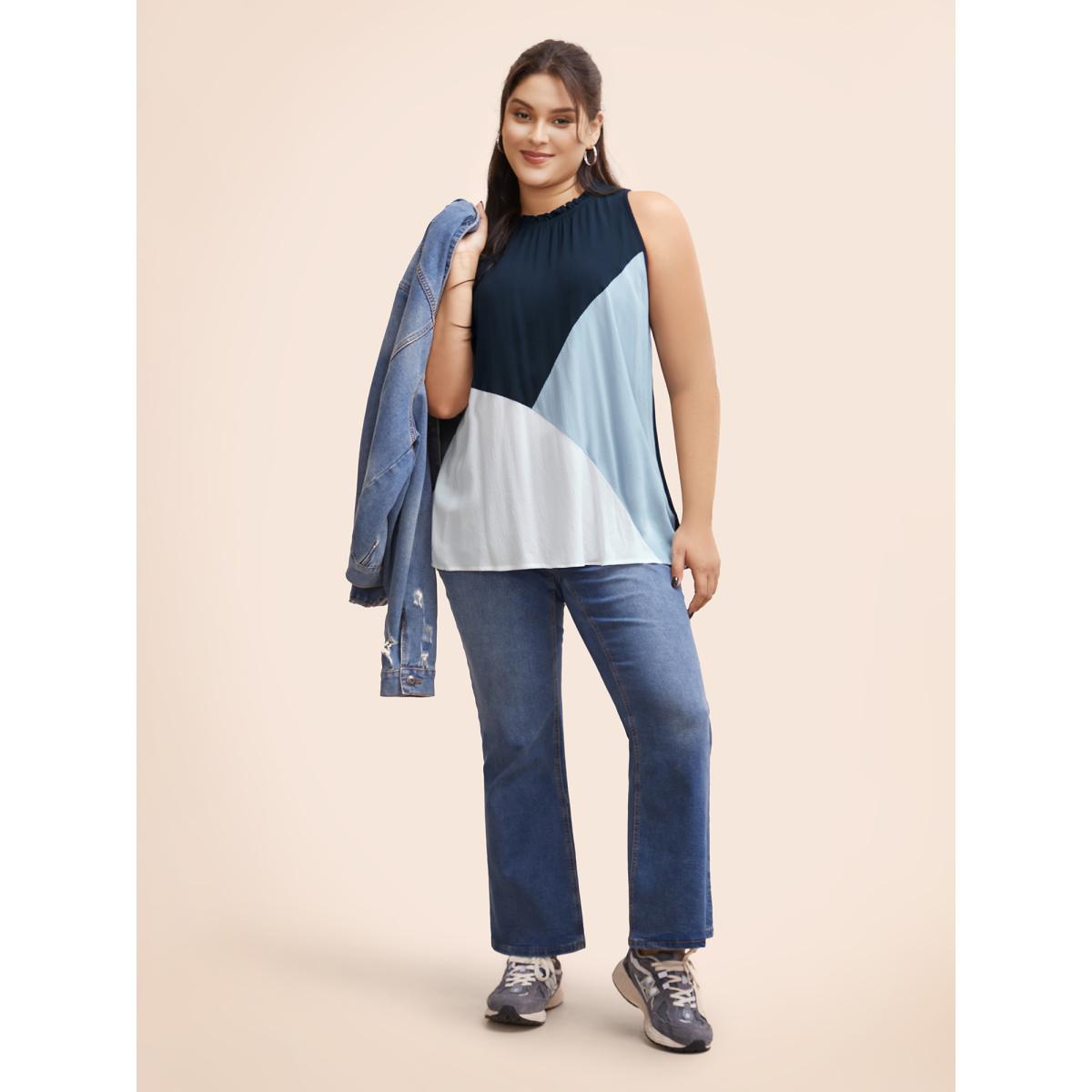 Plus Size Colorblock Contrast Frill Trim Gathered Tank Top Women DarkBlue Casual Contrast Mock Neck Everyday Tank Tops Camis BloomChic 30/6X Product Image