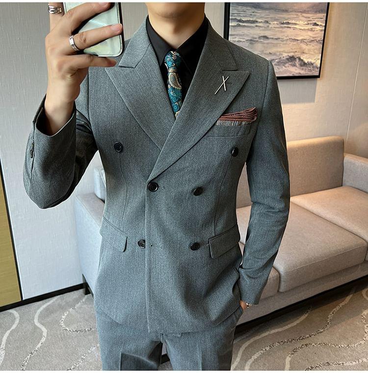 Set: Peak Lapel Plain Double-Breasted Blazer + V-Neck Single-Breasted Vest + High Waist Straight Leg Dress Pants Product Image