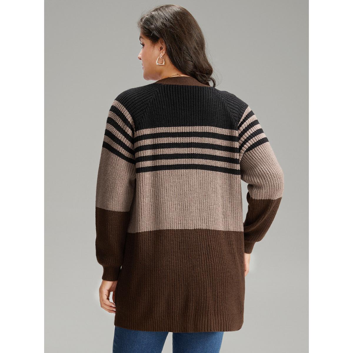 Plus Size Striped Colorblock Patched Pocket Cardigan Multicolor Women Casual Loose Long Sleeve Dailywear Cardigans BloomChic 12/L Product Image