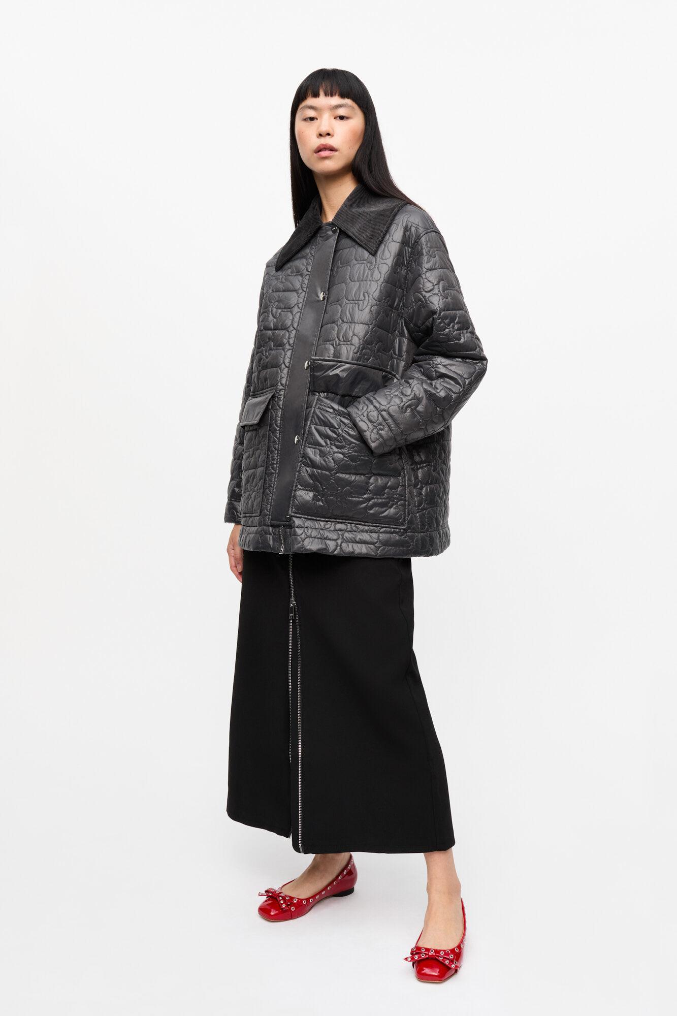 Black Shiny Quilt Midi Jacket Product Image