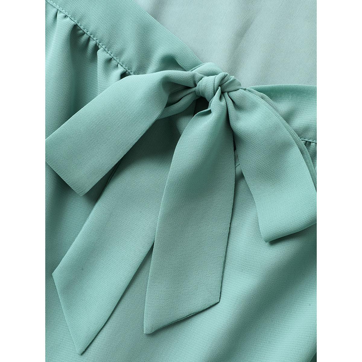 Plus Size Chiffon Ribbon Collar Waist-Cinched Dress Teal Women Square Neck Short sleeve Curvy BloomChic 18-20/2X Product Image