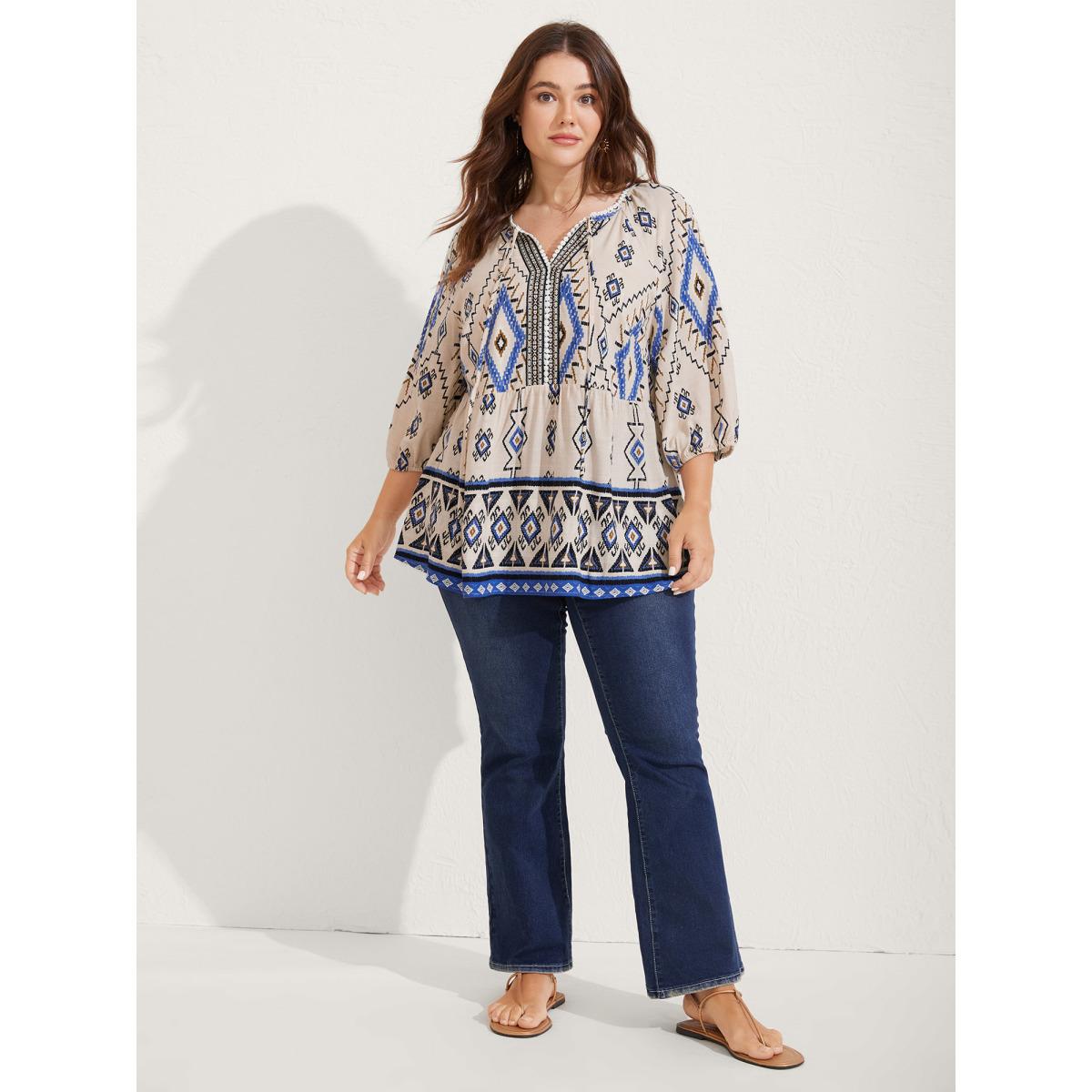 Plus Size Multicolor Boho Print Lace Detail Neck Tie Blouse Women Elbow-length sleeve Notched collar Vacation Blouses BloomChic 26/4X Product Image