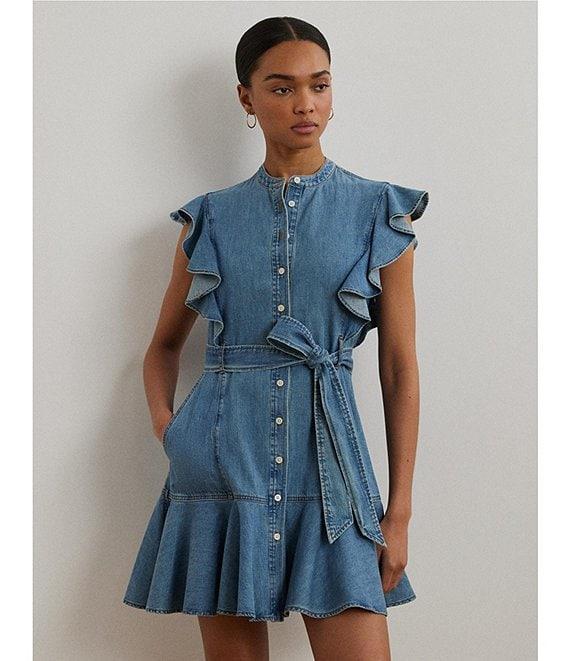 Lauren Ralph Lauren Denim Banded Collar Flutter Sleeve Belted Shirt Dress Product Image