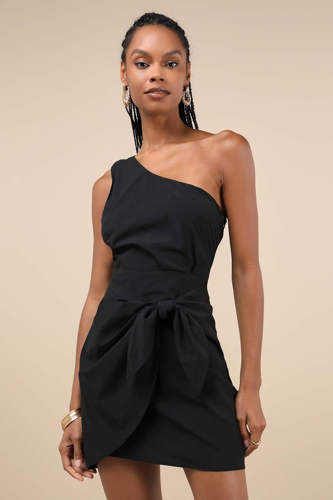 Gorgeous Garden Black One-Shoulder Faux-Wrap Mini Dress Product Image