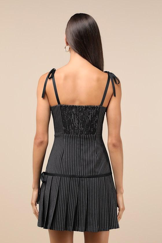Posh Flirtation Black Pinstriped Tie-Strap Drop-Waist Mini Dress Product Image