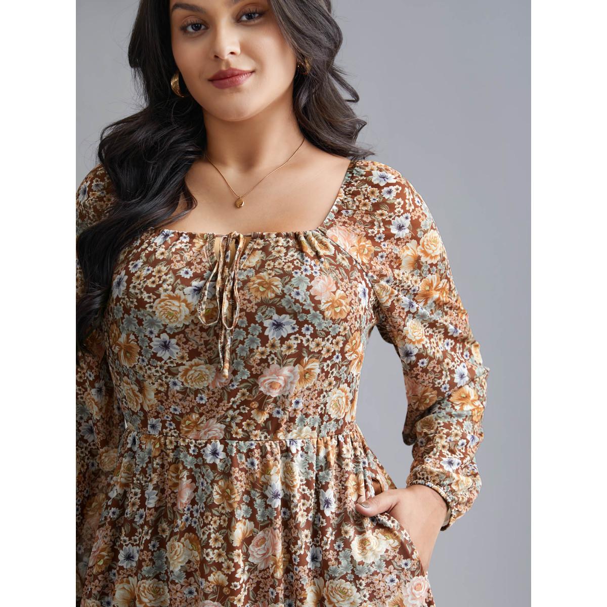 Plus Size Square Neck Floral Ties Midi Dress Browncoffeecolor Women Elegant Tie knot Knit Dresses Bloomchic 14-16/1X Product Image