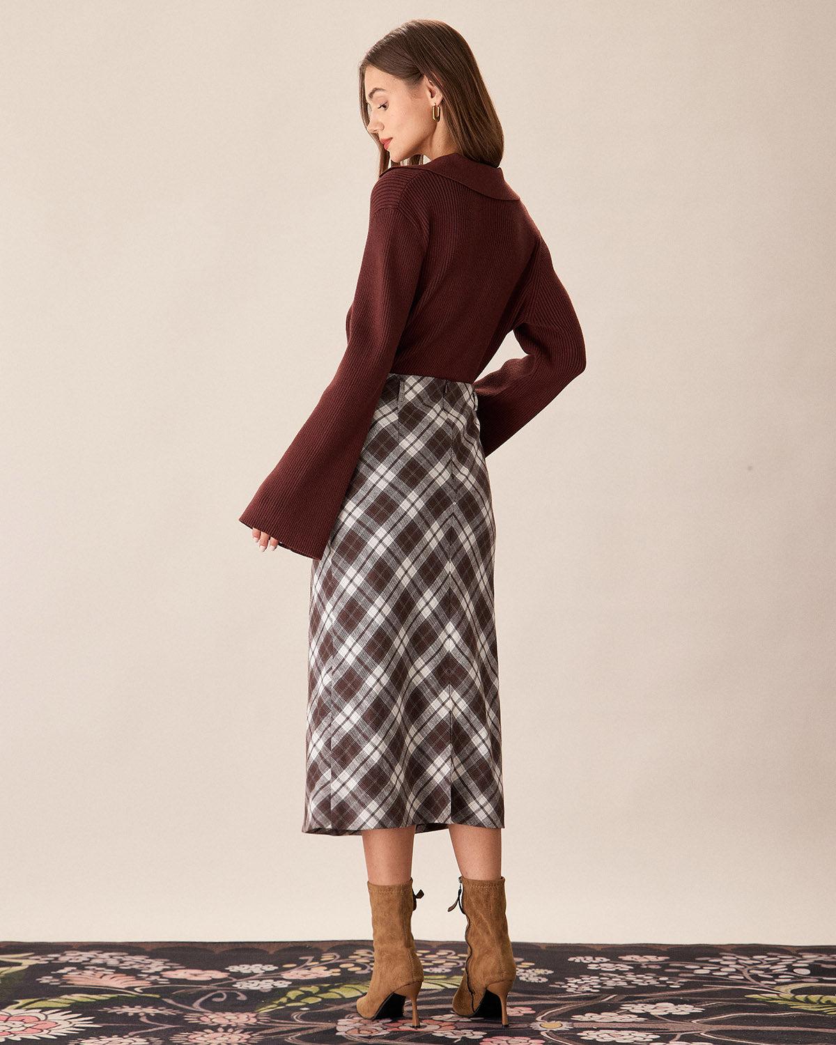 Brown Plaid Slit Satin Midi Skirt Product Image
