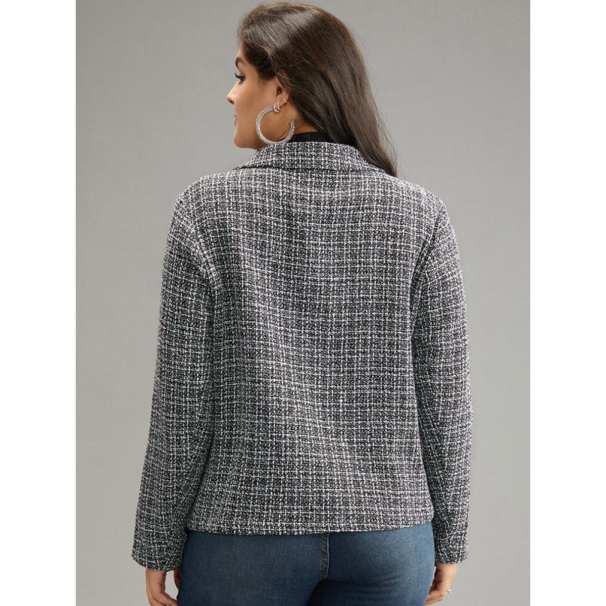 Plus Size Gingham Texture Lapel Collar Metal Detail Jacket Women Black Elegant Texture Ladies Everyday Winter Coats BloomChic 10/M Product Image