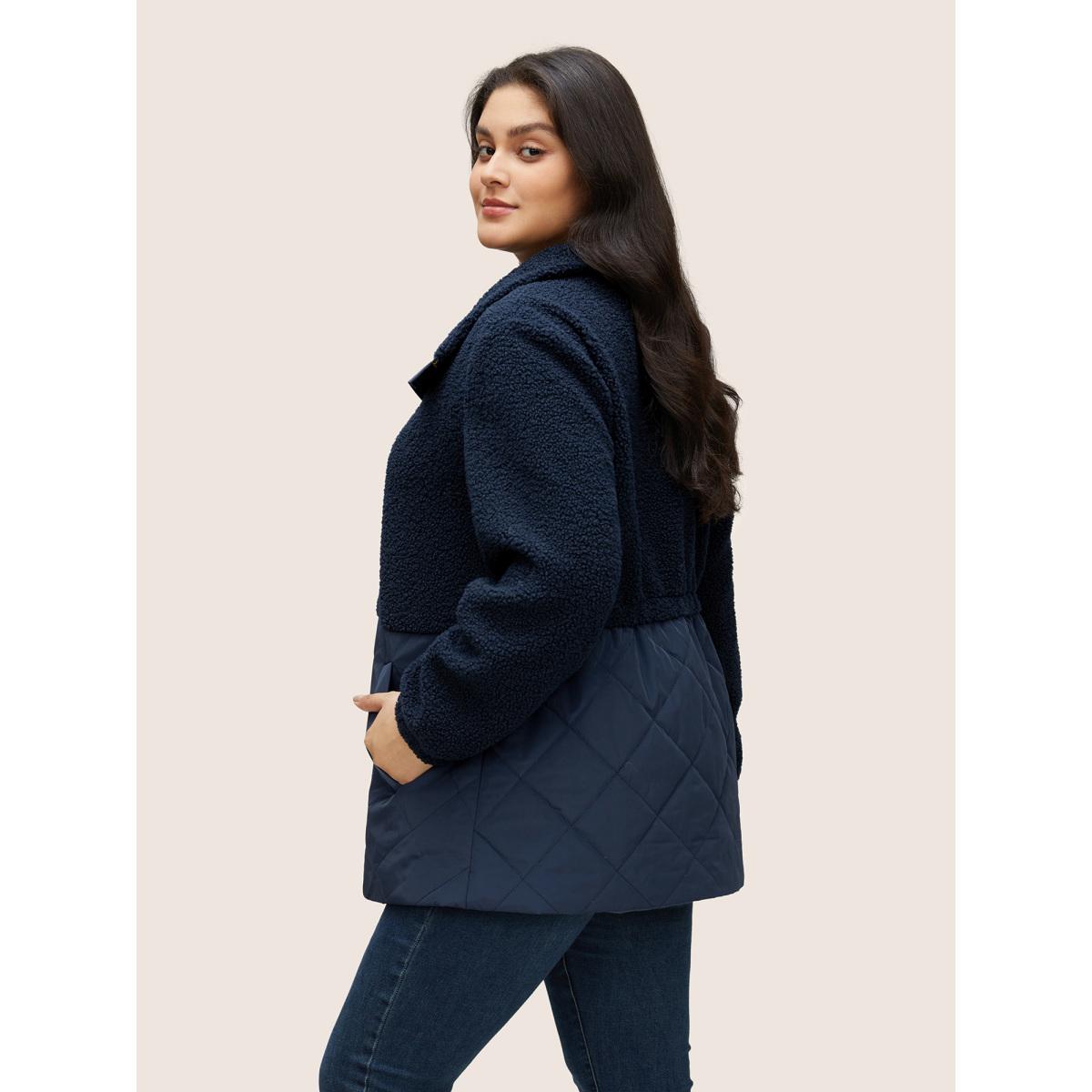 Plus Size Fluffy Patchwork Quilted Button Through Coat Women Indigo Casual Lined Ladies Everyday Winter Coats BloomChic 28/5X Product Image