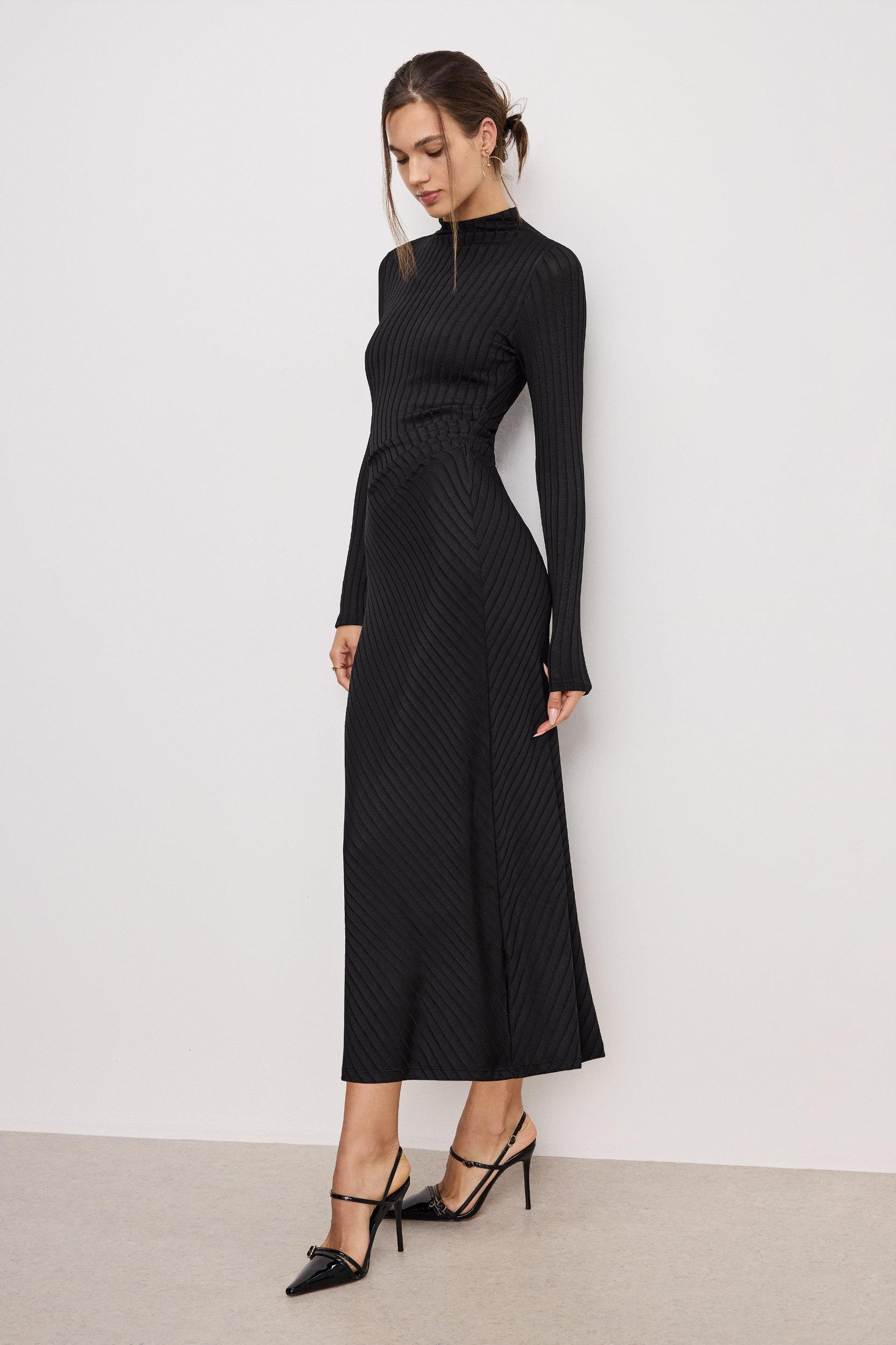 RIB FUNNEL NECK MIDI DRESS | BLACK001 Product Image