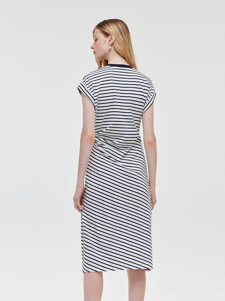 Striped Slit Ruched Women Midi Dress Product Image