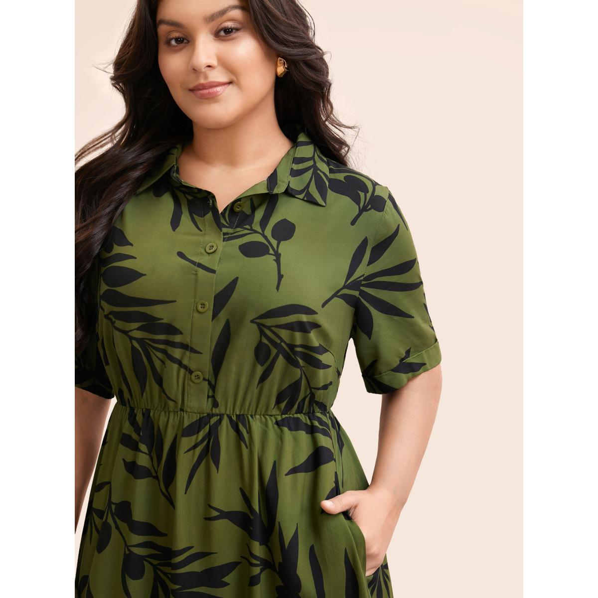 Plus Size Tropical Print Shirt Collar Midi Dress ArmyGreen Women Elegant Button Shirt collar Short sleeve Curvy BloomChic 22-24/3X Product Image