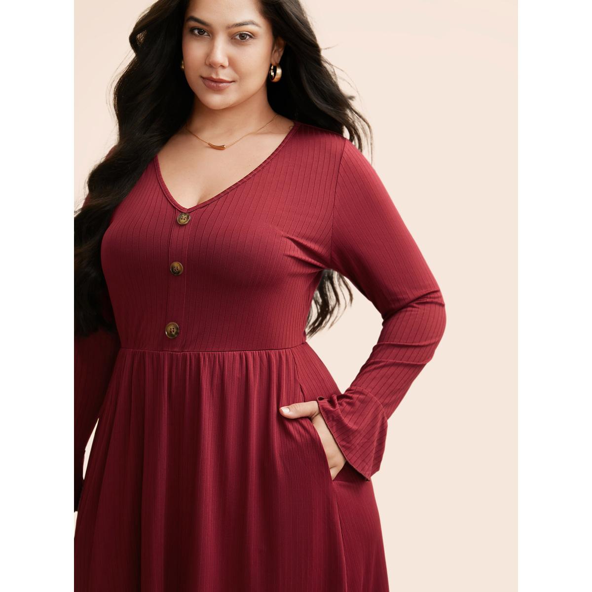 Plus Size V Neck Button Detail Rib Knit Dress Burgundy Women Casual Texture V-neck Long Sleeve Curvy BloomChic 22-24/3X Product Image