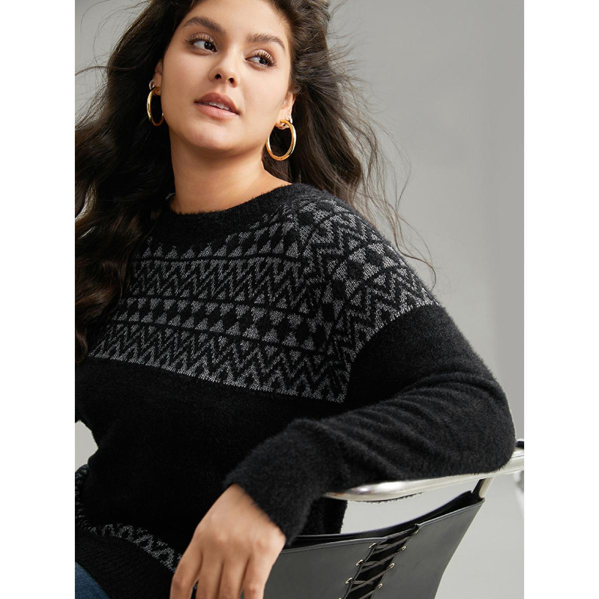 Plus Size Bandana Print Fuzzy Sparkly Pullover Black Women Casual Loose Long Sleeve Round Neck Dailywear Pullovers BloomChic 10/M Product Image