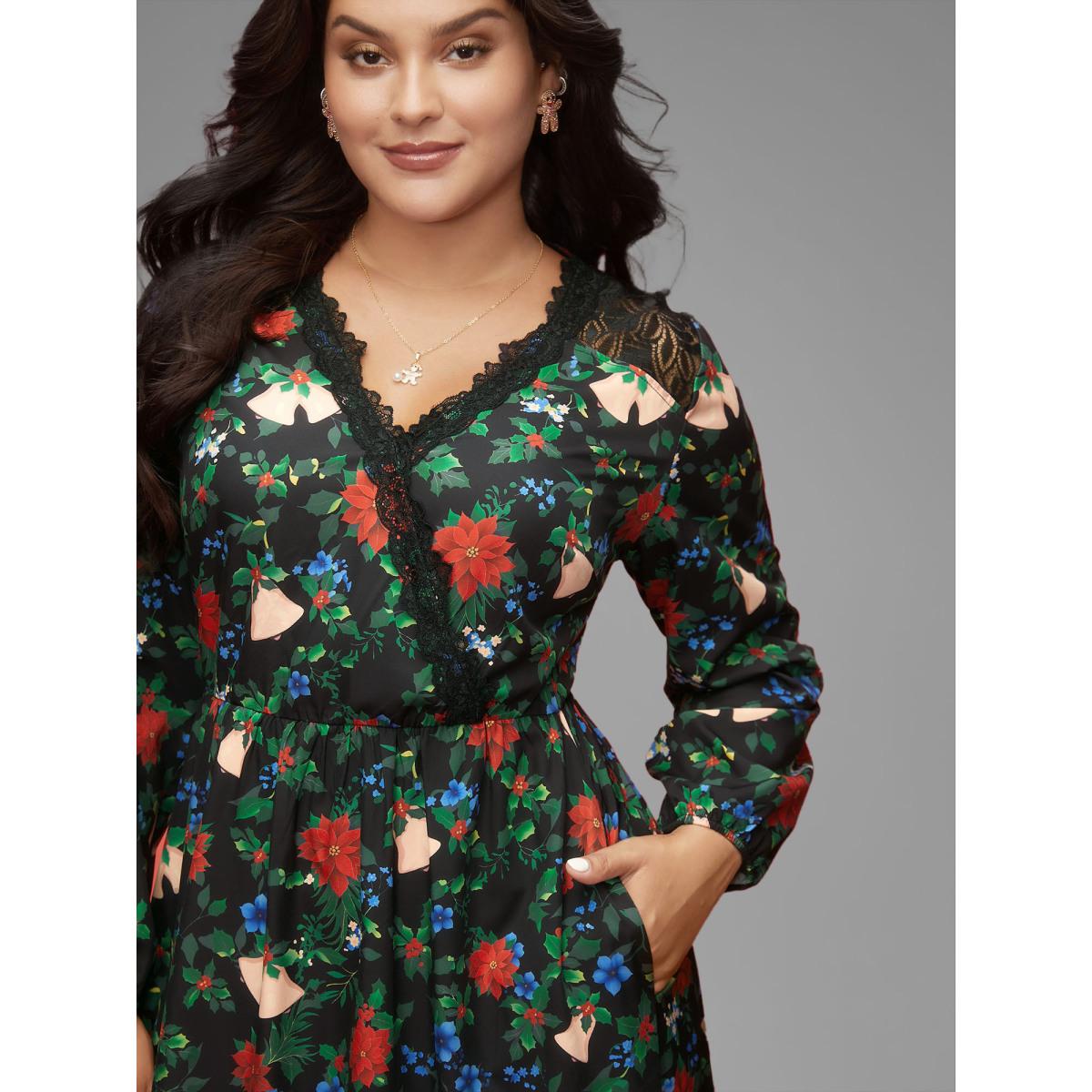 Plus Size Floral Lace Surplice Neckline Midi Dress Emerald Women Elegant Woven ribbon&lace trim Overlap Collar Long Sleeve Curvy BloomChic 22-24/3X Product Image