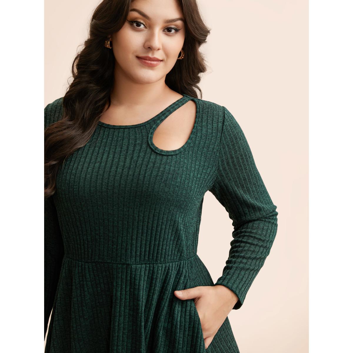 Plus Size Rib Knit Asymmetrical Neck Midi Dress DarkGreen Women Elegant Texture Asymmetrical Neck Long Sleeve Curvy BloomChic 26/4X Product Image