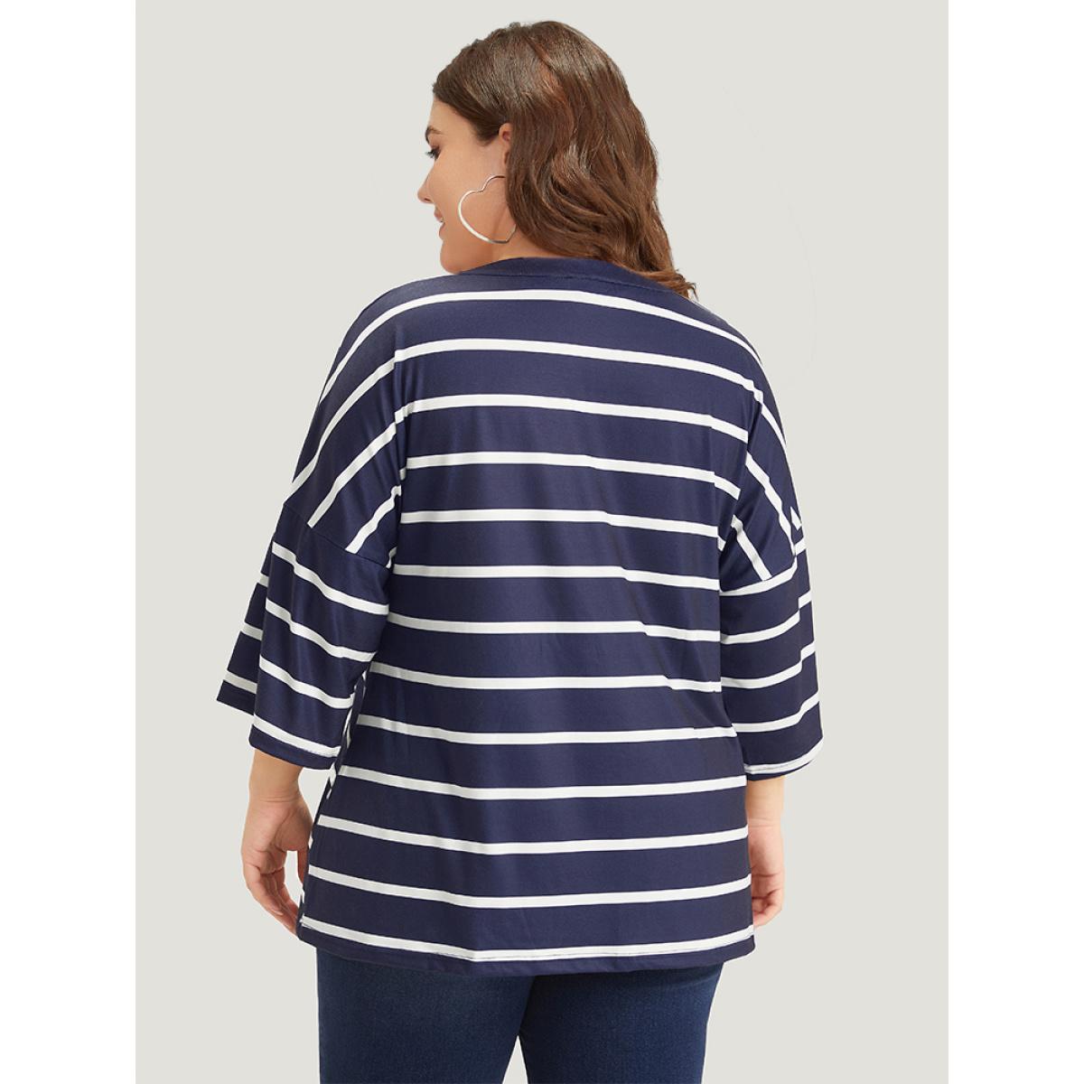 Plus Size Striped Print Button Detail Notched T-shirt Blue Women Casual Button Striped Notched collar Dailywear T-shirts BloomChic 10/M Product Image