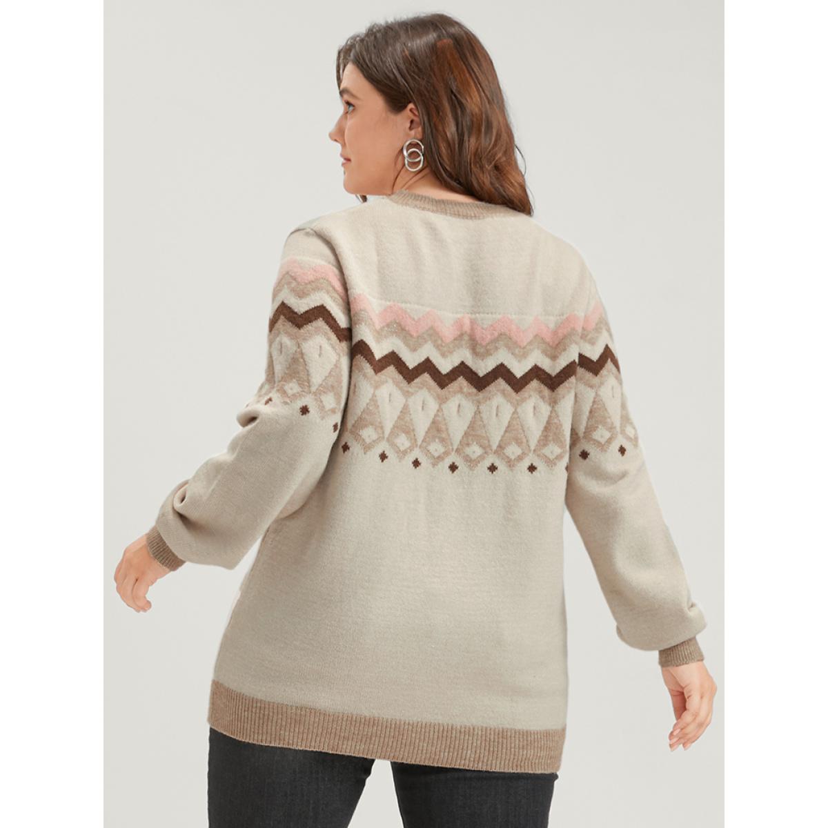 Plus Size Geometric Contrast Soft Pointelle Knit Jacquard Round Neck Knit Top Beige Women Casual Loose Long Sleeve Round Neck Dailywear Pullovers BloomChic 18-20/2X Product Image