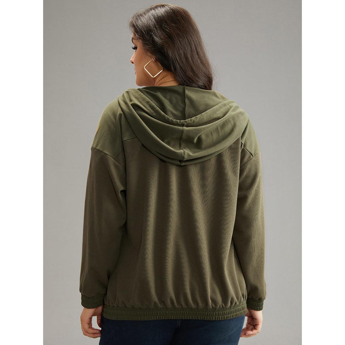 Plus Size Waffle Knit Hooded Drawstring Sweatshirt Women ArmyGreen Casual Plain Loose Hooded Dailywear Sweatshirts BloomChic 26/4X Product Image