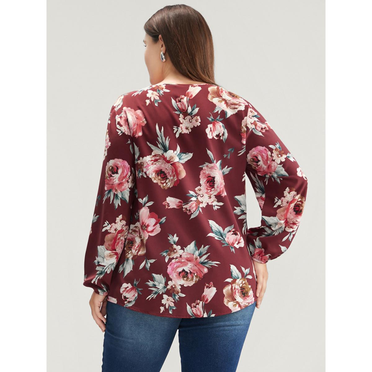 Plus Size Burgundy Floral Lantern Sleeve Zipper V Neck Blouse Women Elegant Long Sleeve V-neck Dailywear Blouses BloomChic 18-20/2X Product Image