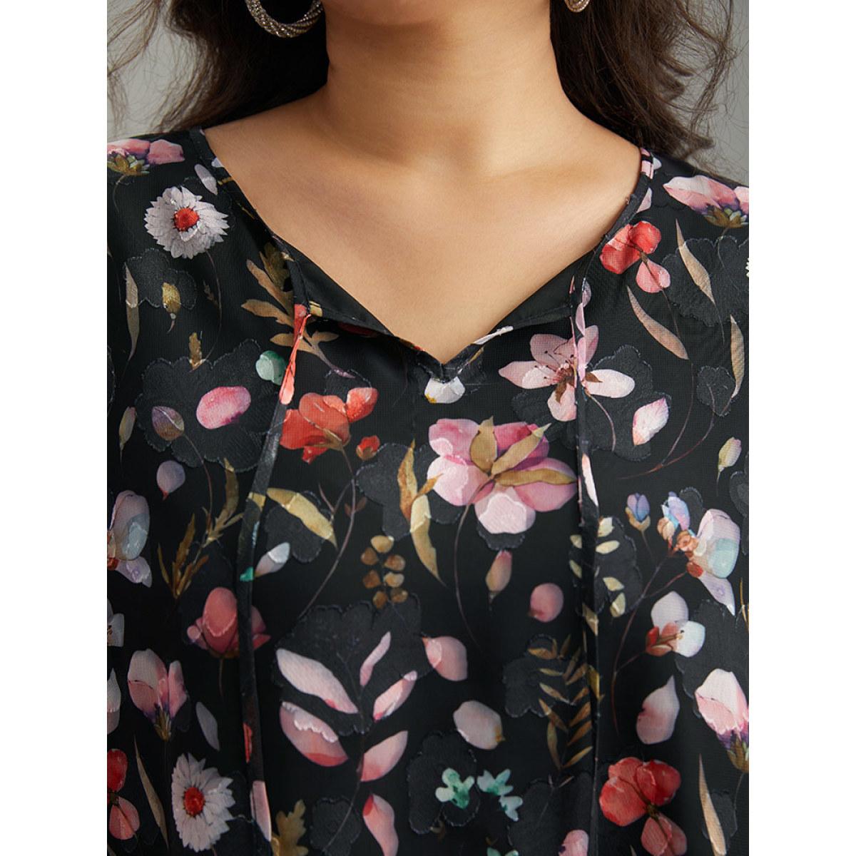 Plus Size BlackFlower Floral Print Chiffon Knot Neck Lantern Sleeve Blouse Women Elegant Long Sleeve Tie Neck Dailywear Blouses BloomChic 22-24/3X Product Image