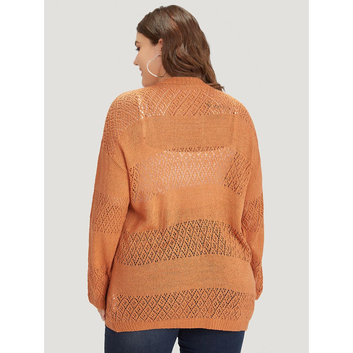 Plus Size Plain Geometric Eyelet Button Through Loose Cardigan Orange Women Casual Loose Long Sleeve Dailywear Cardigans BloomChic 22-24/3X Product Image