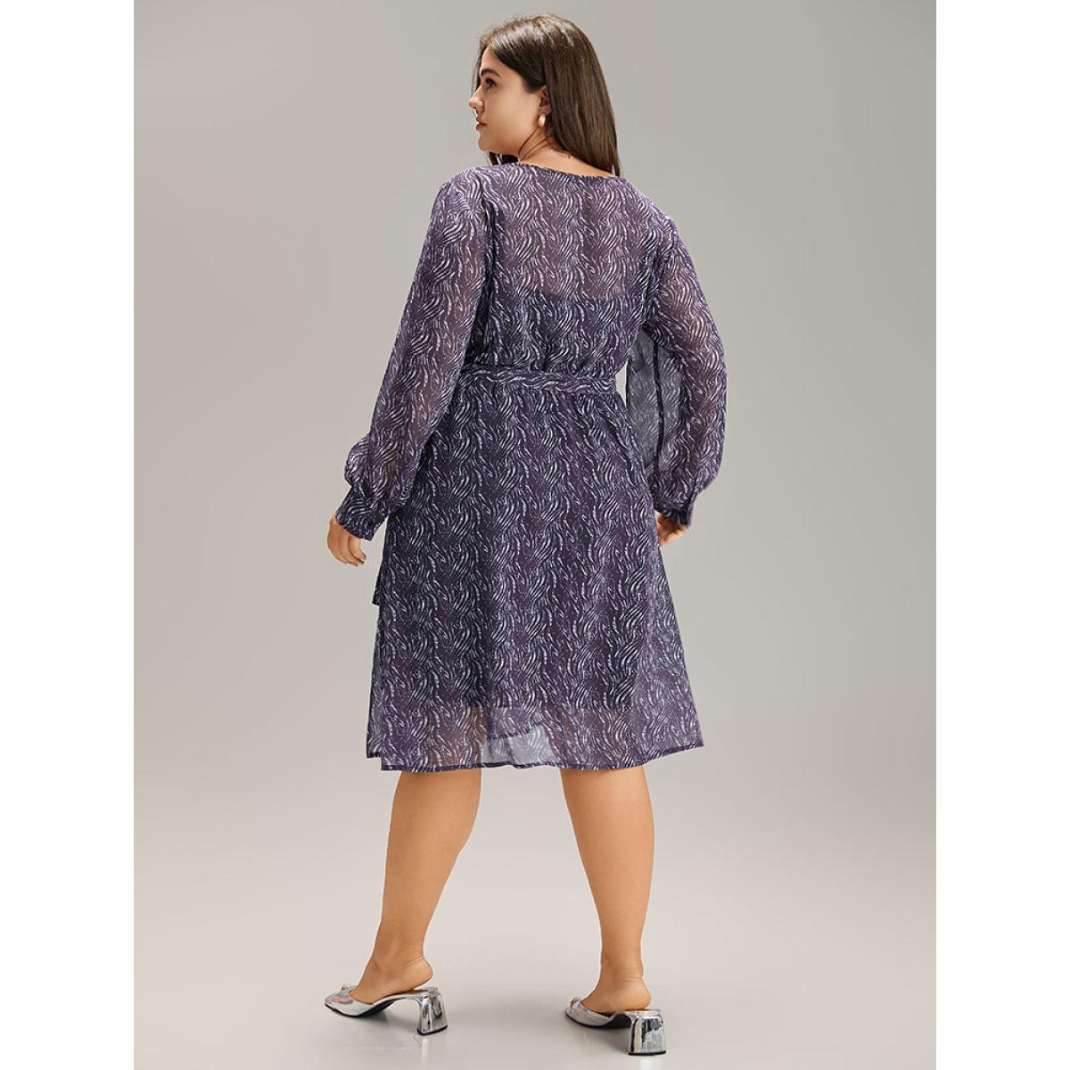 Plus Size Geometric Mesh Elastic Waist Belted Dress Indigo Women Office See through Round Neck Long Sleeve Curvy Midi Dress BloomChic 14-16/1X Product Image