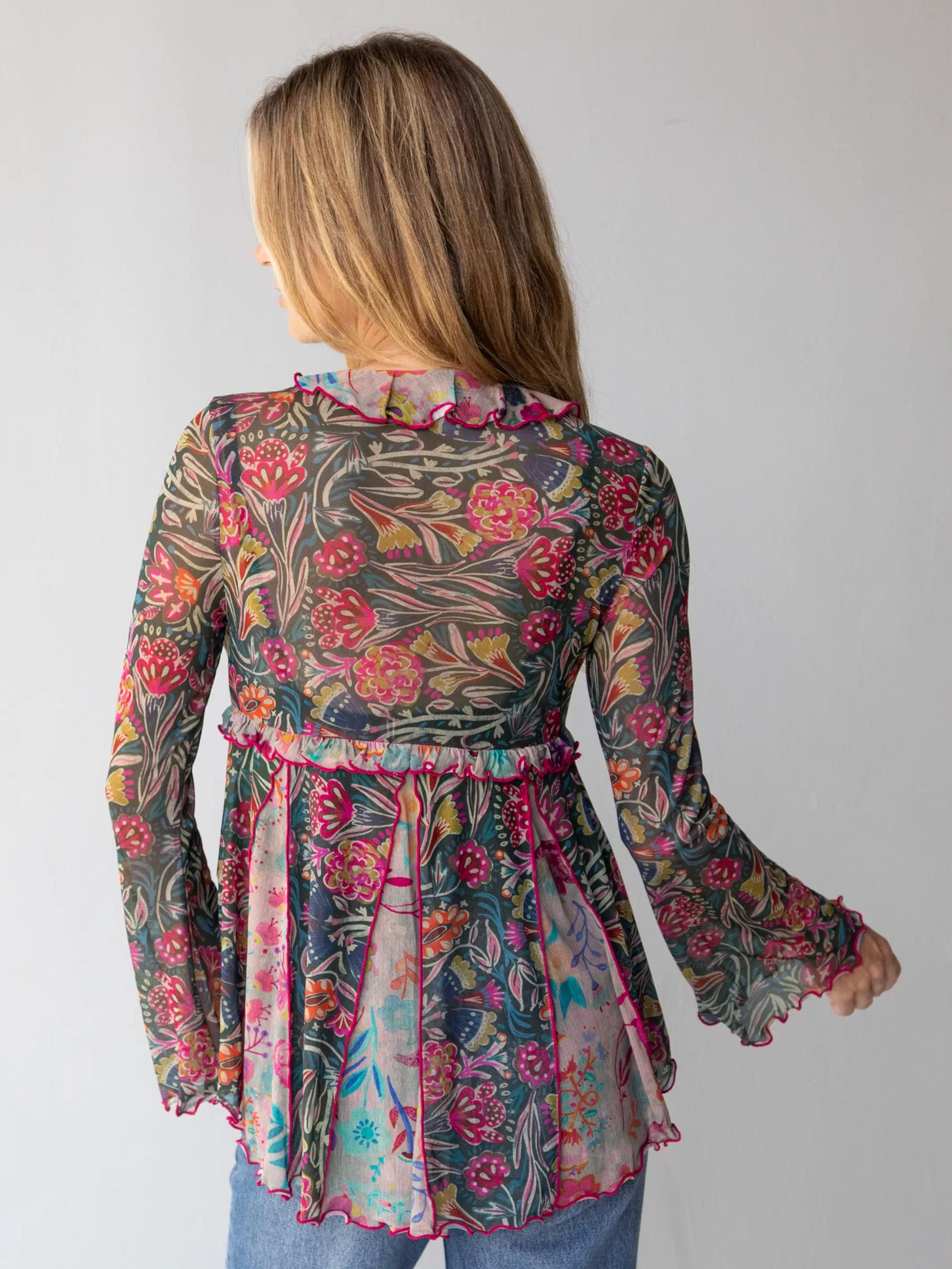 Sierra Ruffle Mesh Top - Green Painterly Vines Product Image