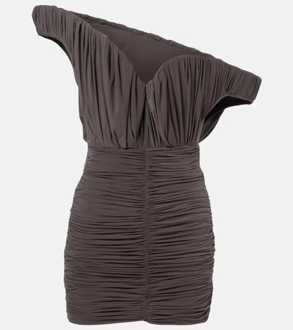 MAGDA BUTRYM Asymmetric One-shoulder Corset Dress With Ruffles In Brown Product Image