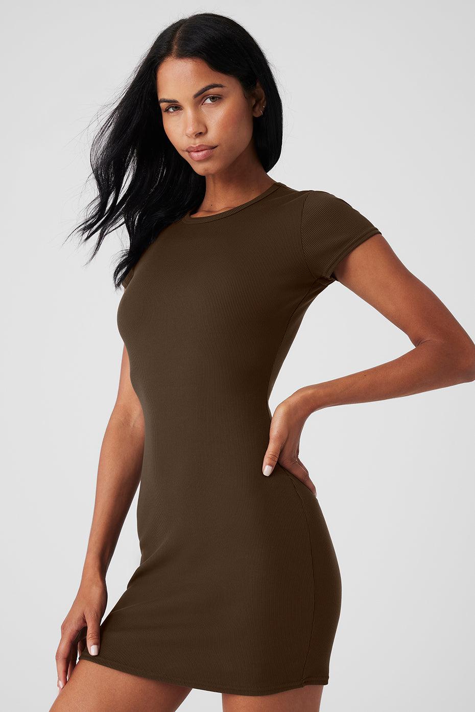 Goddess Ribbed Short Sleeve Dress - Espresso Product Image
