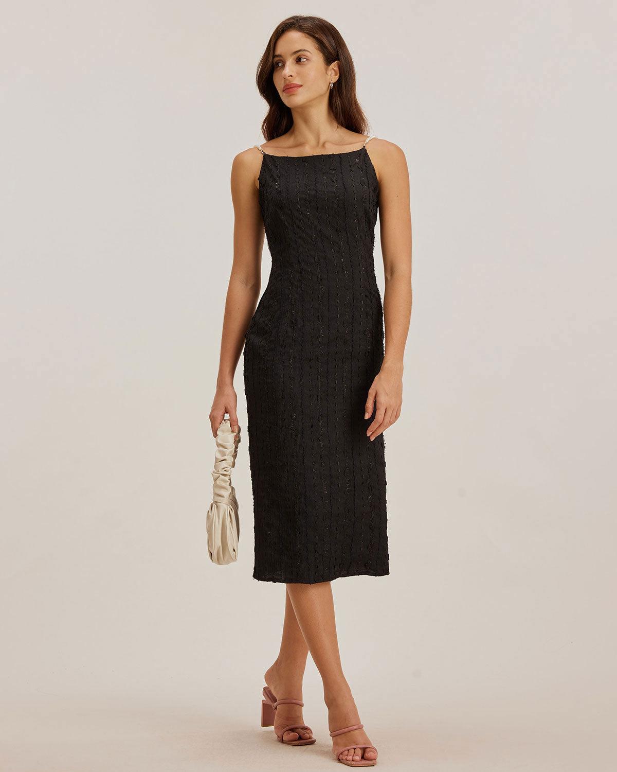 Black Textured Bodycon Beaded Strap Midi Dress Product Image