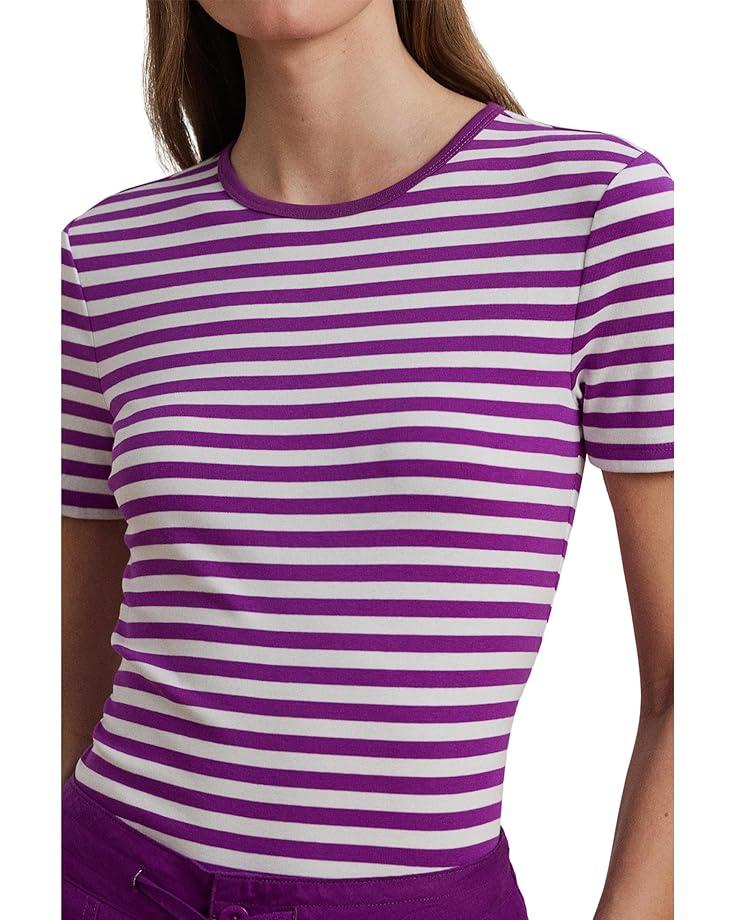 Striped Cotton Elbow-sleeve V-neck Tee Product Image