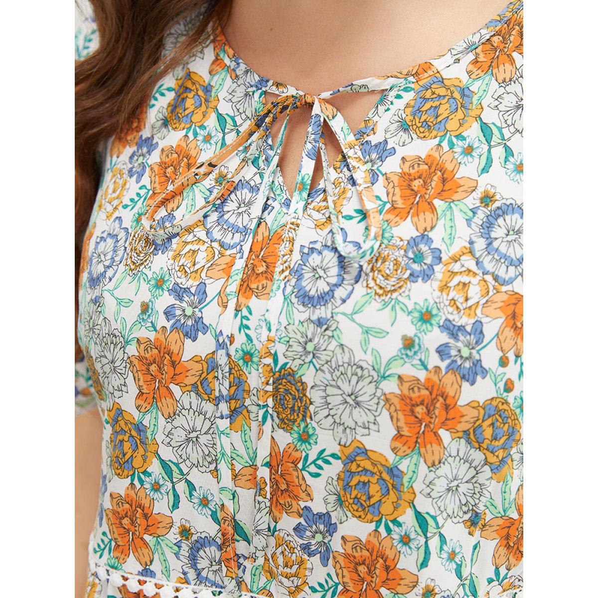 Plus Size Gold Bandana Print Petal Sleeve Tie Neck Pompom Trim Blouse Women Vacation Short sleeve Tie Neck Dailywear Blouses BloomChic 14-16/1X Product Image