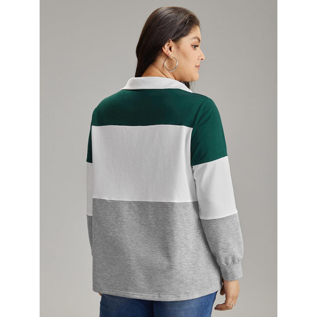Plus Size Colorblock Contrast Button Up Polo Sweatshirt Women Multicolor Casual Contrast Polo Dailywear Sweatshirts BloomChic 10/M Product Image