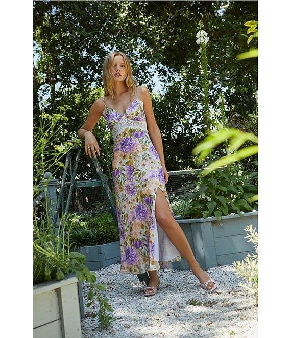 ASTR the Label Ivanna Floral Print V Neck Sleeveless Maxi Slip Dress Product Image