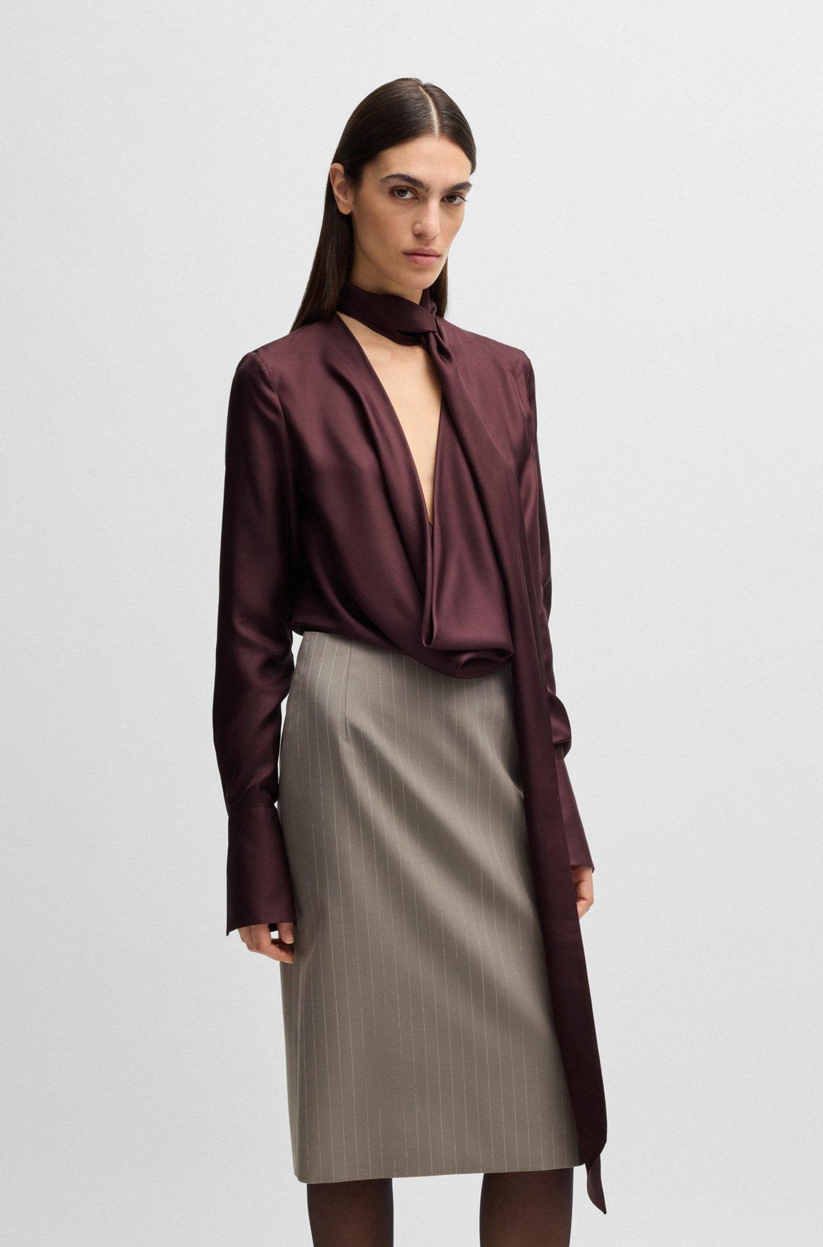 BOSS - Regular-fit blouse in silk twill with scarf neckline - Light Brown Product Image