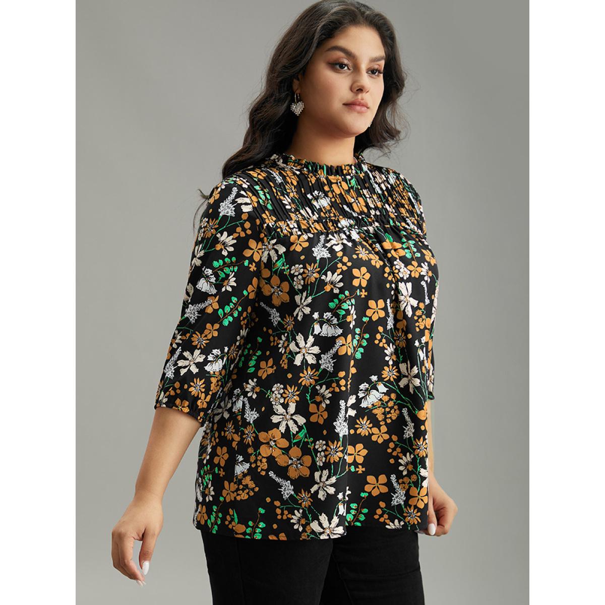 Plus Size Black Floral Print Frill Trim Cut Out Blouse Women Elegant Elbow-length sleeve Round Neck Everyday Blouses BloomChic 28/5X Product Image