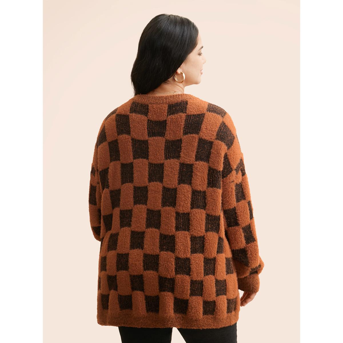 Plus Size Plaid Fluffy Patched Pocket Cardigan Yellowishbrown Women Casual Loose Long Sleeve Everyday Cardigans BloomChic 10/M Product Image