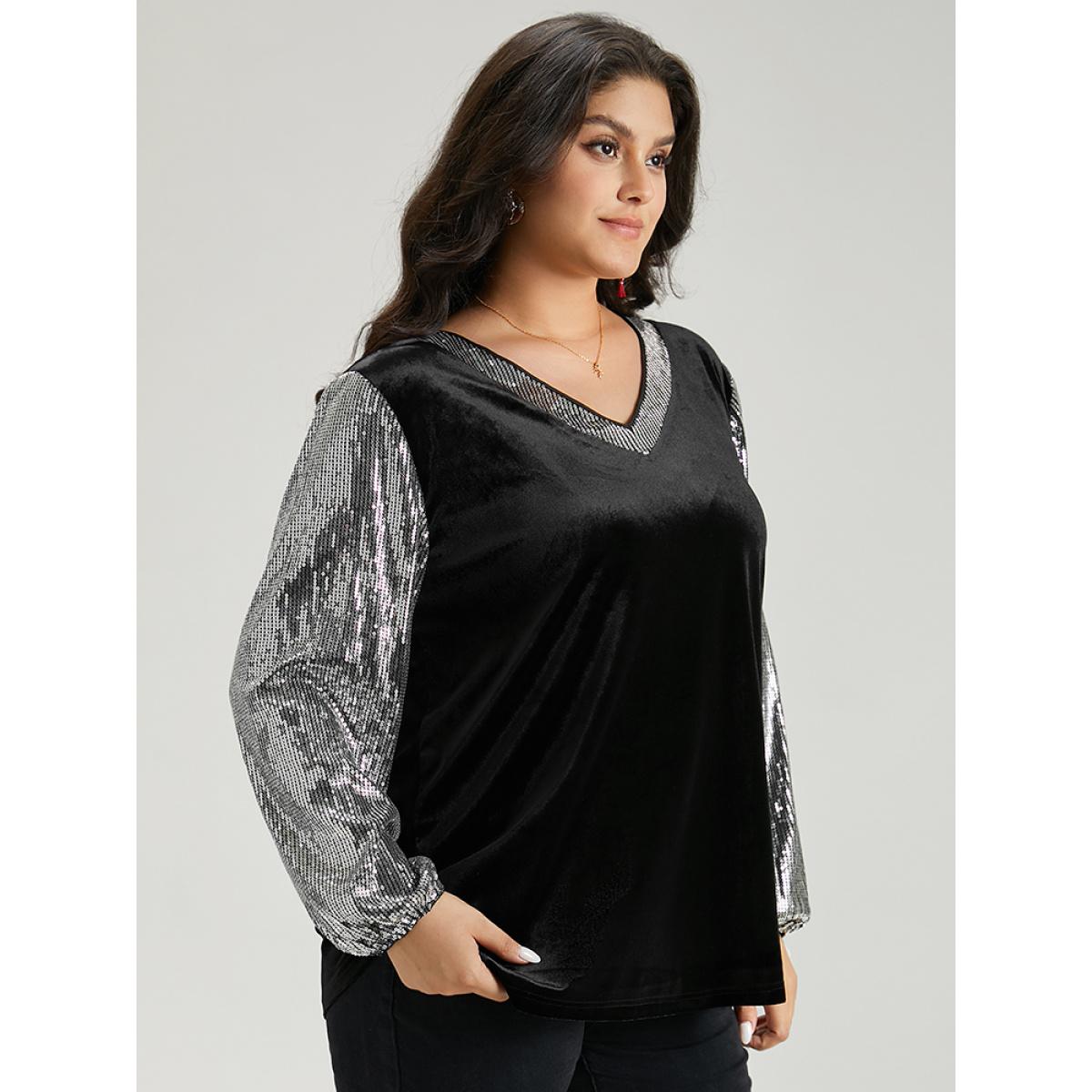Plus Size Sequin Patchwork V Neck Lantern Sleeve Sweatshirt Women Black Cocktail Elastic cuffs V-neck Party Sweatshirts BloomChic 18-20/2X Product Image