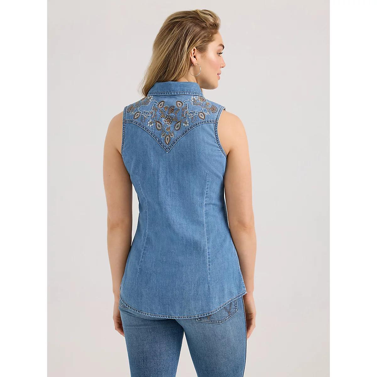 Women's Wrangler Embellished Denim Sleeveless Snap Shirt | Women's TOPS | Wrangler® Product Image