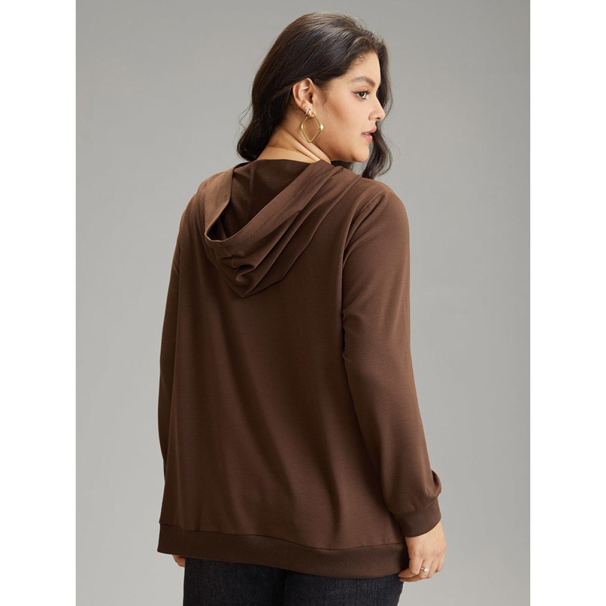 Plus Size Plants Print Hooded Kangaroo Pocket Sweatshirt Women DarkBrown Casual Printed Dailywear Sweatshirts BloomChic 18-20/2X Product Image