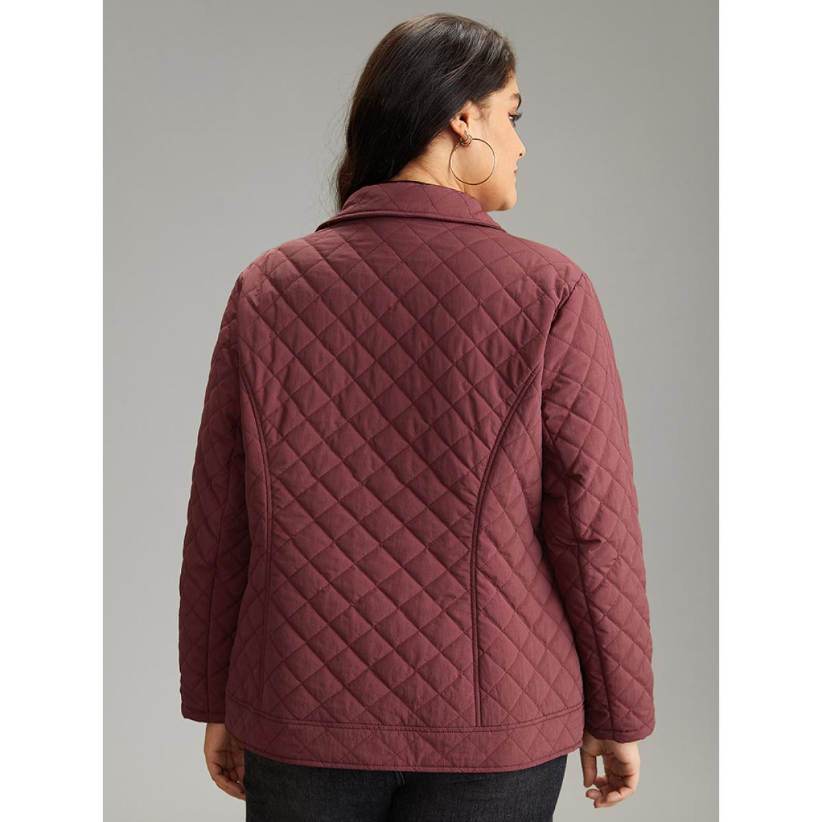Plus Size Zipper Fly Quilted Button Detail Lapel Collar Jacket Women Burgundy Texture Pocket Dailywear Jackets BloomChic 28/5X Product Image