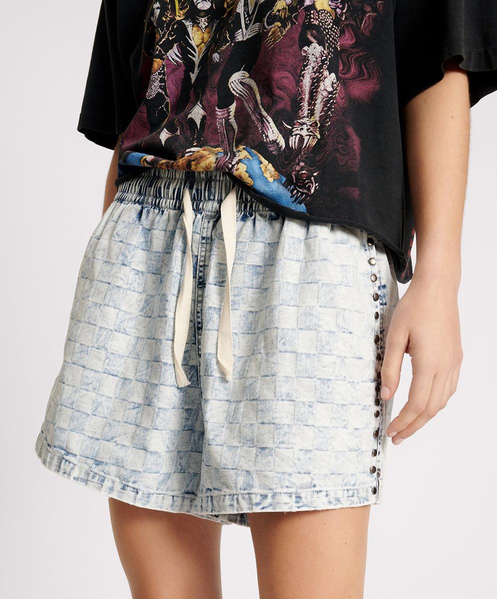 CHECKMATE STUDDED DENIM BOXER SHORTS Product Image