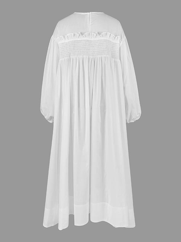 A-Line Long Sleeves Mesh Pleated See-Through Solid Color Split-Joint Round-Neck Midi Dresses Product Image