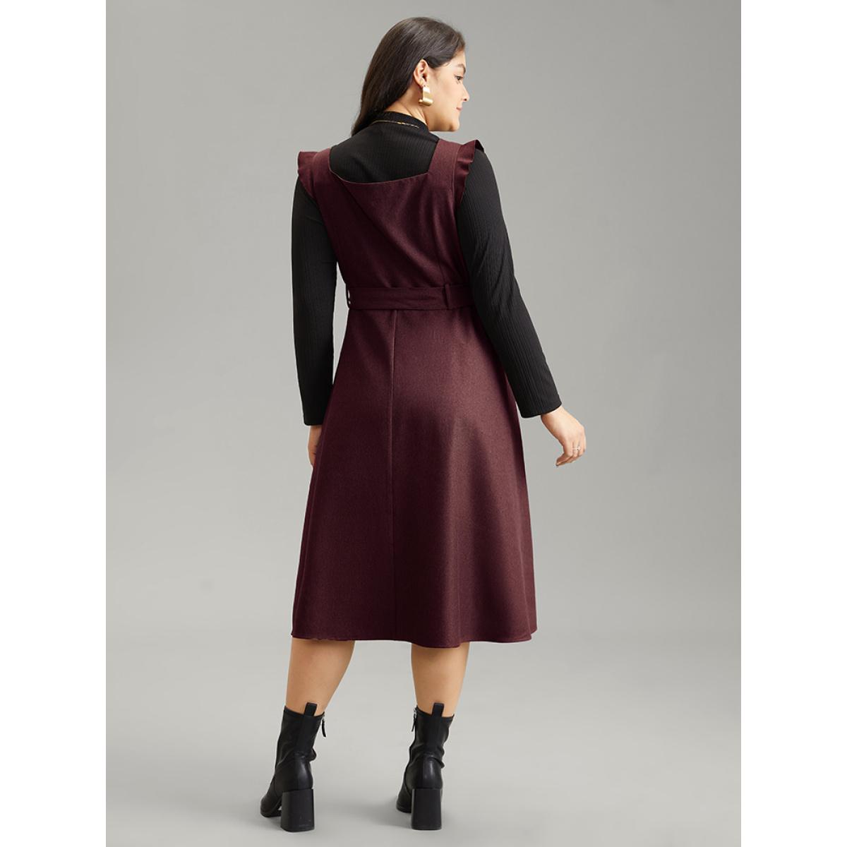 Plus Size Solid Belted Ruffle Trim Button Through Sleeveless Dress Burgundy Women Office Plain Square Neck Sleeveless Curvy Midi Dress BloomChic 30/6X Product Image